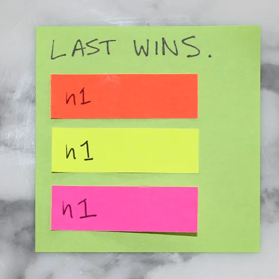 Six colored sticky-note cards labelled with HTML heading tags from h1 through h6, illustrating the "Cascading Style Sheets Tags" / heading hierarchy — last definition wins