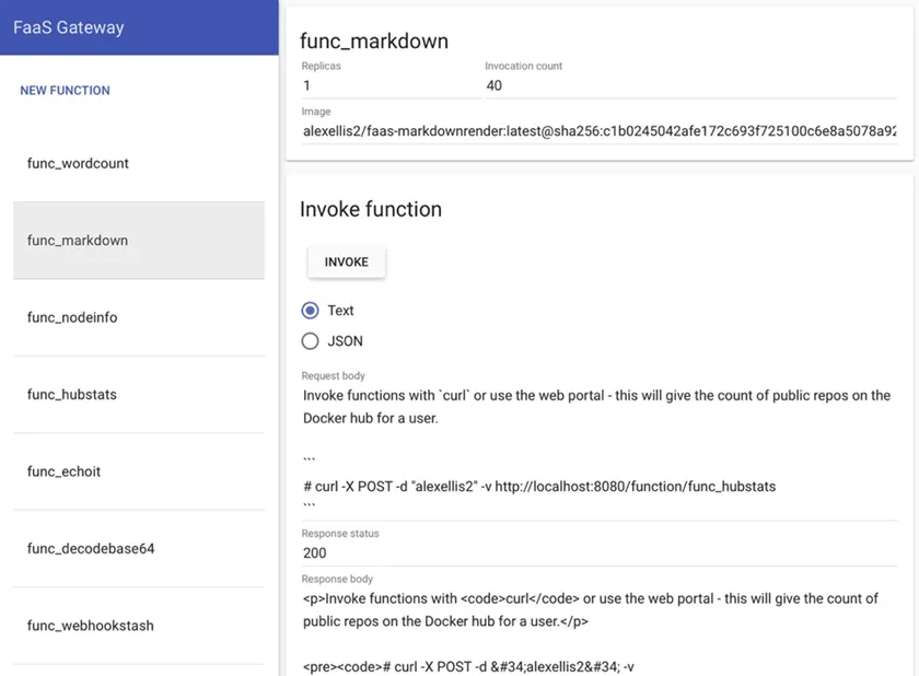 FaaS gateway tester UI in the browser — invoke each sample function directly to verify behavior