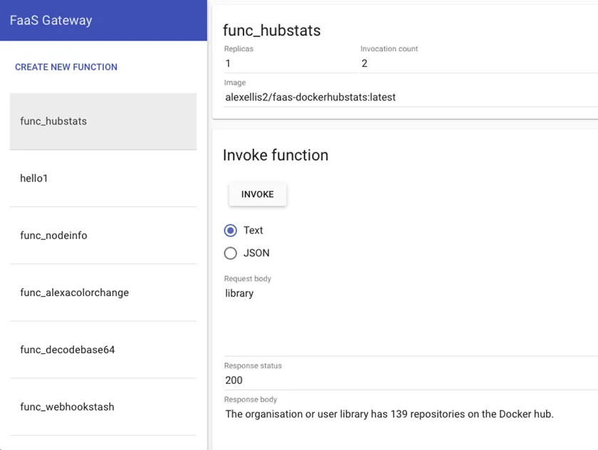 FaaS web UI showing ~10 sample functions installed by default — word count, Docker Hub repo query, and more