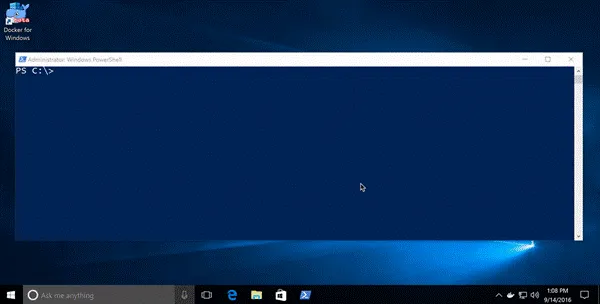 Animated demo of the Docker for Windows tray-icon menu — clicking "Switch to Windows containers" toggles the engine without changing environment variables