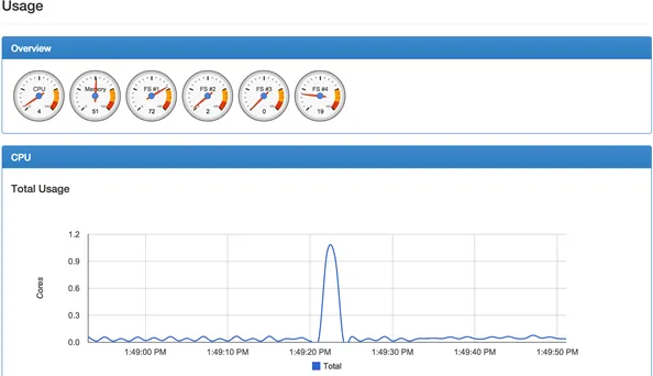 cAdvisor web UI at port 8080 — Google’s container monitoring tool showing realtime CPU, memory, and filesystem stats for the Docker host and its containers