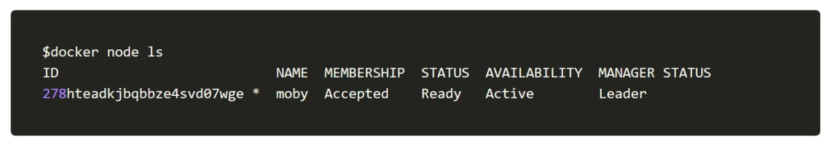 Terminal: docker node ls showing a single-node Swarm with the manager status — verifying the Swarm is running