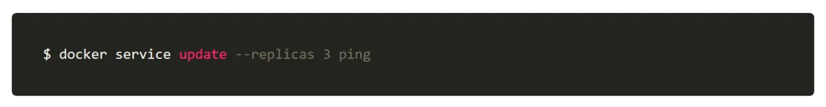 Terminal: docker service scale=3 — scaling the ping service from 1 to 3 instances across the Swarm