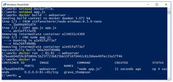 PowerShell terminal building and running a Windows Nanoserver Node.js webserver container with docker build and docker run -p 81:81