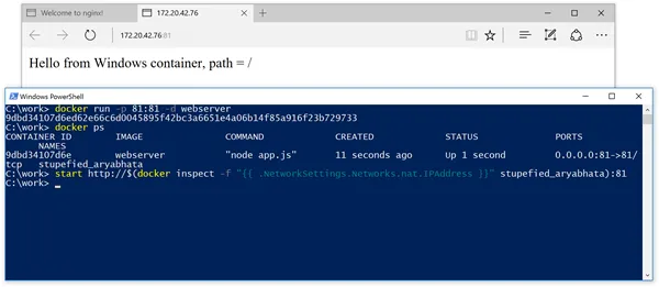 PowerShell using docker inspect to read the Windows container IP, then opening it in the browser to confirm the Node.js webserver responds