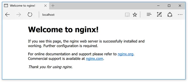 Microsoft Edge displaying the nginx welcome page served from a Linux container still running on Docker for Windows