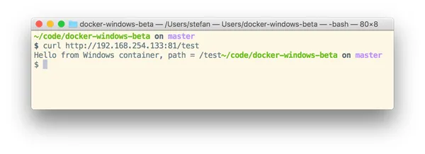 Browser on the host machine reaching the Windows container webserver on port 81 via Docker port forwarding