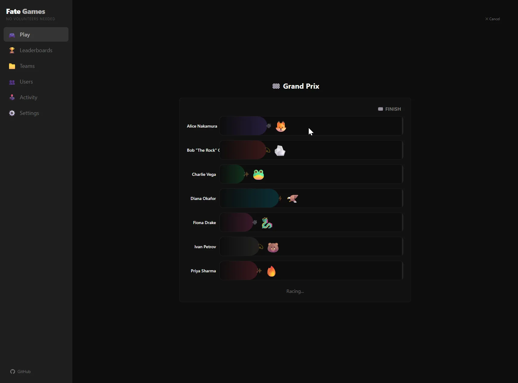 Grand Prix tournament view in Fate Games — a vertical stack of horizontal racer lanes, each labeled with a full name (Alice Nakamura, Bob 'The Rock' Chen, Charlie Vega, Diana Okafor, Fiona Drake, Ivan Petrov, Priya Sharma) and a colored progress bar showing each racer's current position with their personal emoji icon at the leading edge. A 'FINISH' label is at the right. Title 'Grand Prix' at top, status text 'Racing…' below the lanes.