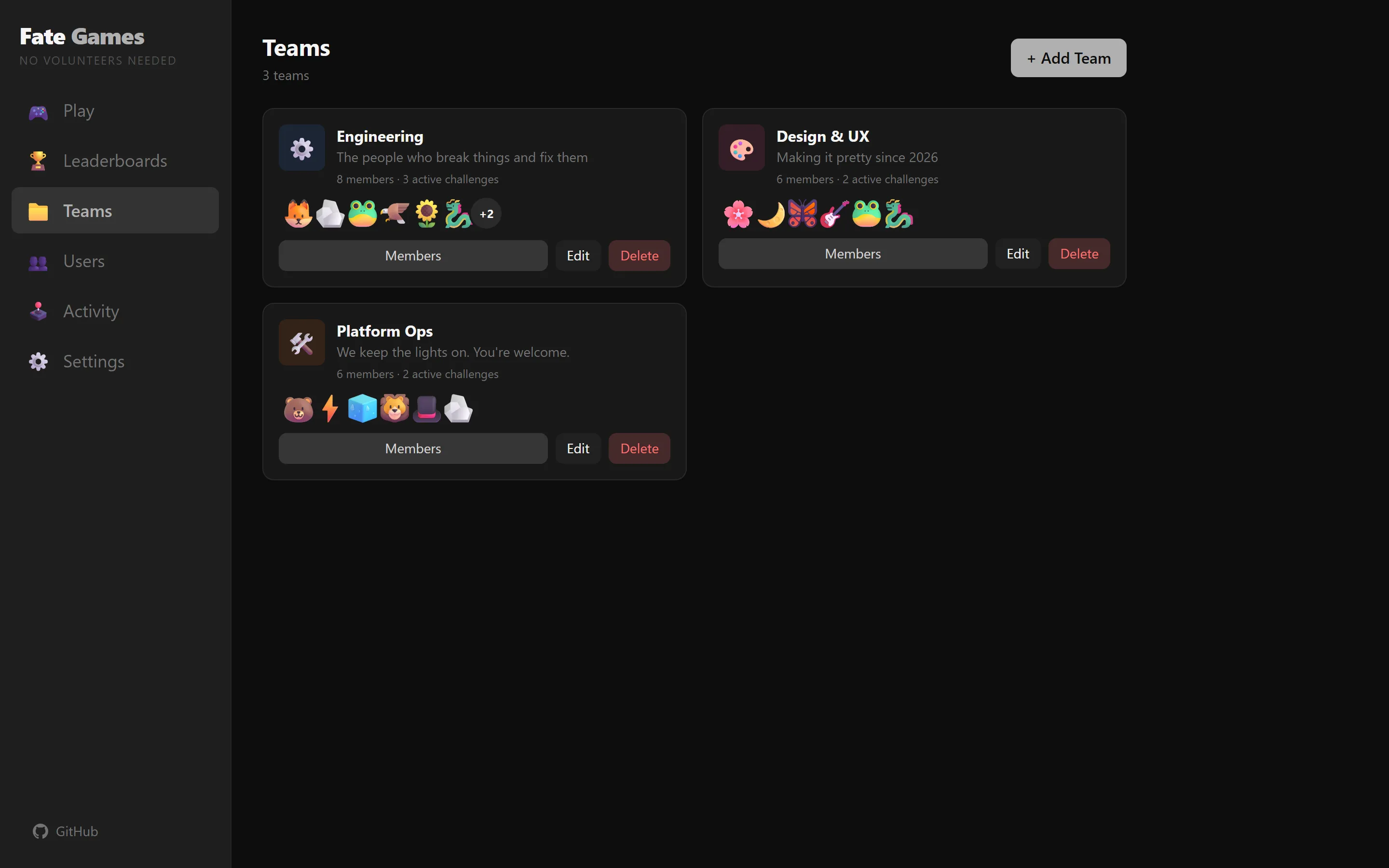 Teams admin page in Fate Games — three team cards: Engineering ('The people who break things and fix them,' 8 members, 3 active challenges), Design & UX ('Making it pretty since 2026,' 6 members, 2 active challenges), and Platform Ops ('We keep the lights on. You're welcome,' 6 members, 2 active challenges). Each card shows member avatars and 'Members / Edit / Delete' buttons. An 'Add Team' button is at the top right.