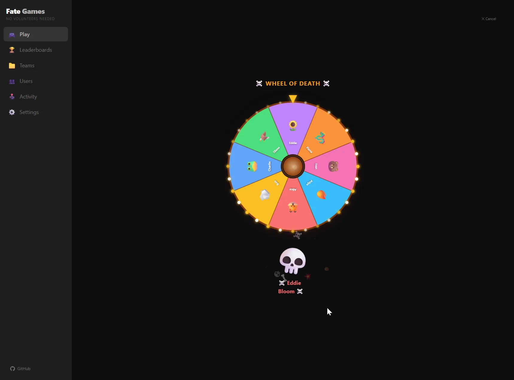 The result reveal after a Wheel of Death spin: a large skull emoji over the picked person's name in coral red — 'Eddie Bloom' — with bone-and-skull confetti animations falling around it.
