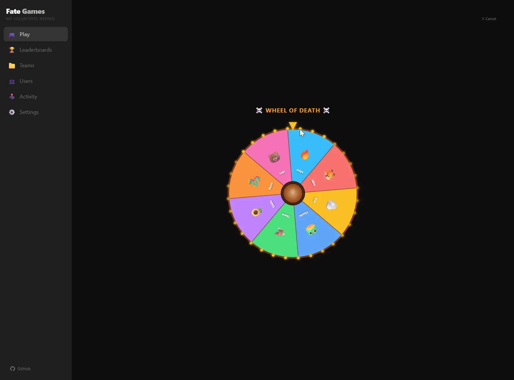 The Wheel of Death mid-spin in Fate Games — a vibrant eight-segment color wheel with the team's emoji avatars around the rim, glowing yellow LED dots along the edge, pointed at by a yellow indicator triangle at the top.