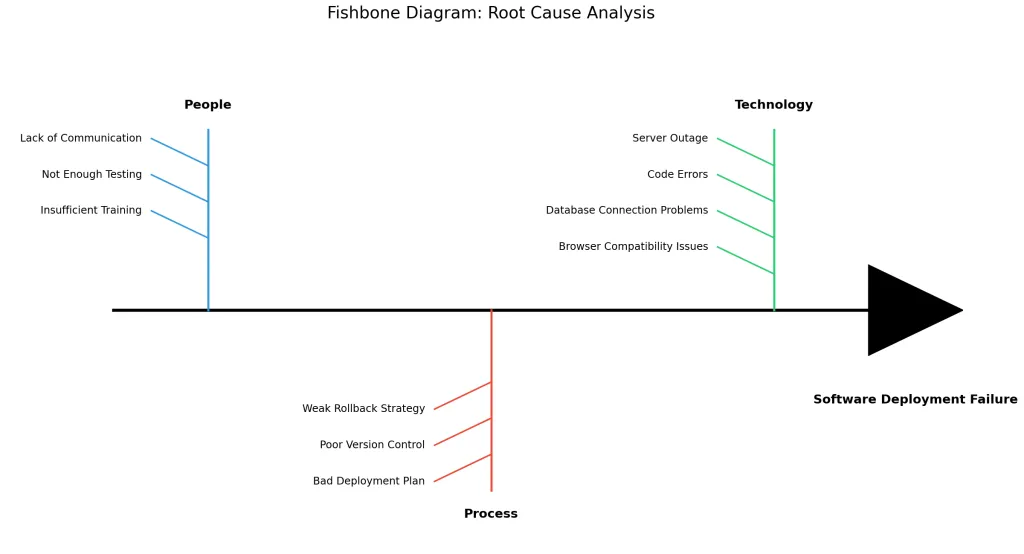 Fishbone (Ishikawa) diagram analyzing a software deployment failure — causes grouped under People (lack of communication, not enough testing, insufficient training), Process (weak rollback, poor version control, bad deployment plan), and Technology (server outage, code errors, database connection, browser compatibility)