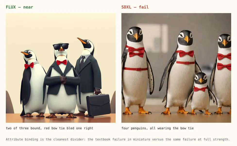Attribute binding compared on the same three-penguin prompt. FLUX renders three penguins and binds two of the three requested accessories correctly — sunglasses on one, a business suit and briefcase on another — while the red bow tie bleeds one position to the right and appears on a penguin that should not have it. SDXL renders four penguins instead of three, puts an identical red bow tie on every one of them, and drops the sunglasses and the briefcase entirely. The most visually dominant attribute has won and spread across the whole image.