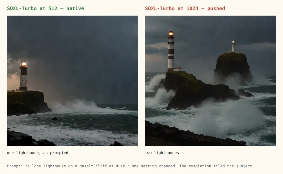 The duplication artefact caught in the act. On the left, SDXL-Turbo at its native 512 pixels renders the prompt "a lone lighthouse on a basalt cliff at dusk" as exactly one lighthouse on a cliff above a storm sea. On the right, the identical model and prompt pushed to 1024 pixels renders two lighthouses — one on the cliff and a second on a sea stack behind it — despite the word "lone" in the prompt. Only the resolution setting changed between the two images.