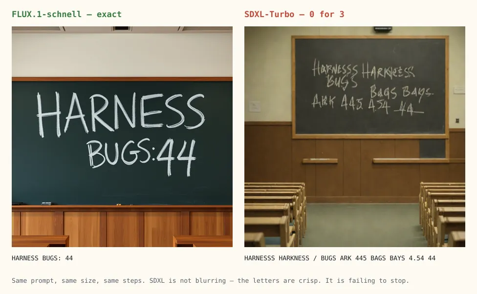 The same chalkboard prompt rendered by both models, side by side. FLUX.1-schnell produces a single lecture-hall blackboard reading HARNESS BUGS: 44 in neat white chalk — the colon, both words and both digits exactly as specified, with plausible pressure variation in the strokes. SDXL-Turbo produces a wider classroom shot whose blackboard carries the phrase written three times over and differently wrong each time: HARNESSS HARKNESS, BUGS ARK 445, BAGS BAYS 4.54, and finally a correct 44. The individual letter shapes are crisp in both images, so the failure is not blur — it is repetition.