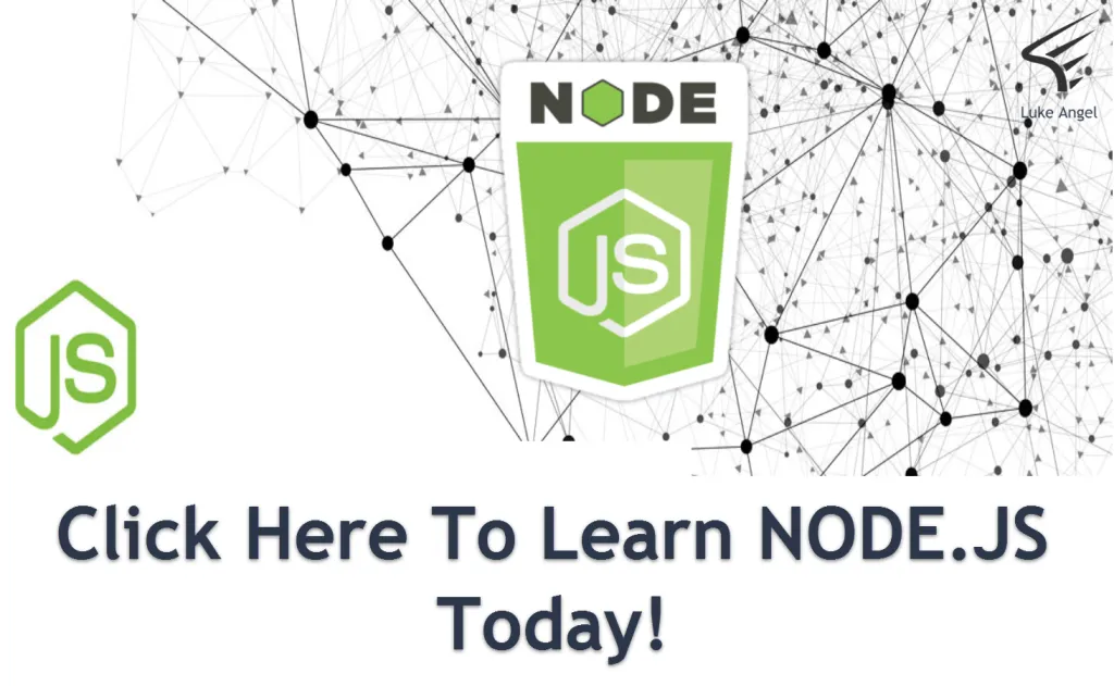 Course banner for "Learn Node.js: The Essentials + API Frameworks (Express, KOA, Sails) with Luke Angel" — promotional graphic