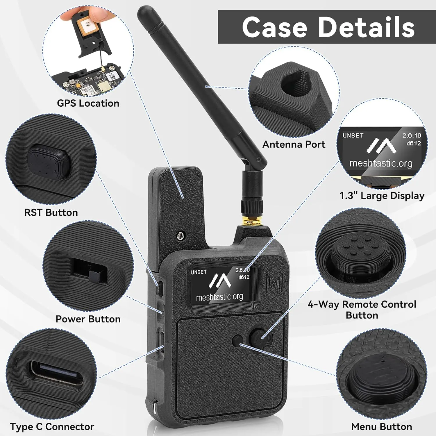Wio Tracker L1 case detail — handheld enclosure with a 1.3-inch OLED, antenna port, USB-C, and power, reset, menu, and 4-way control buttons.