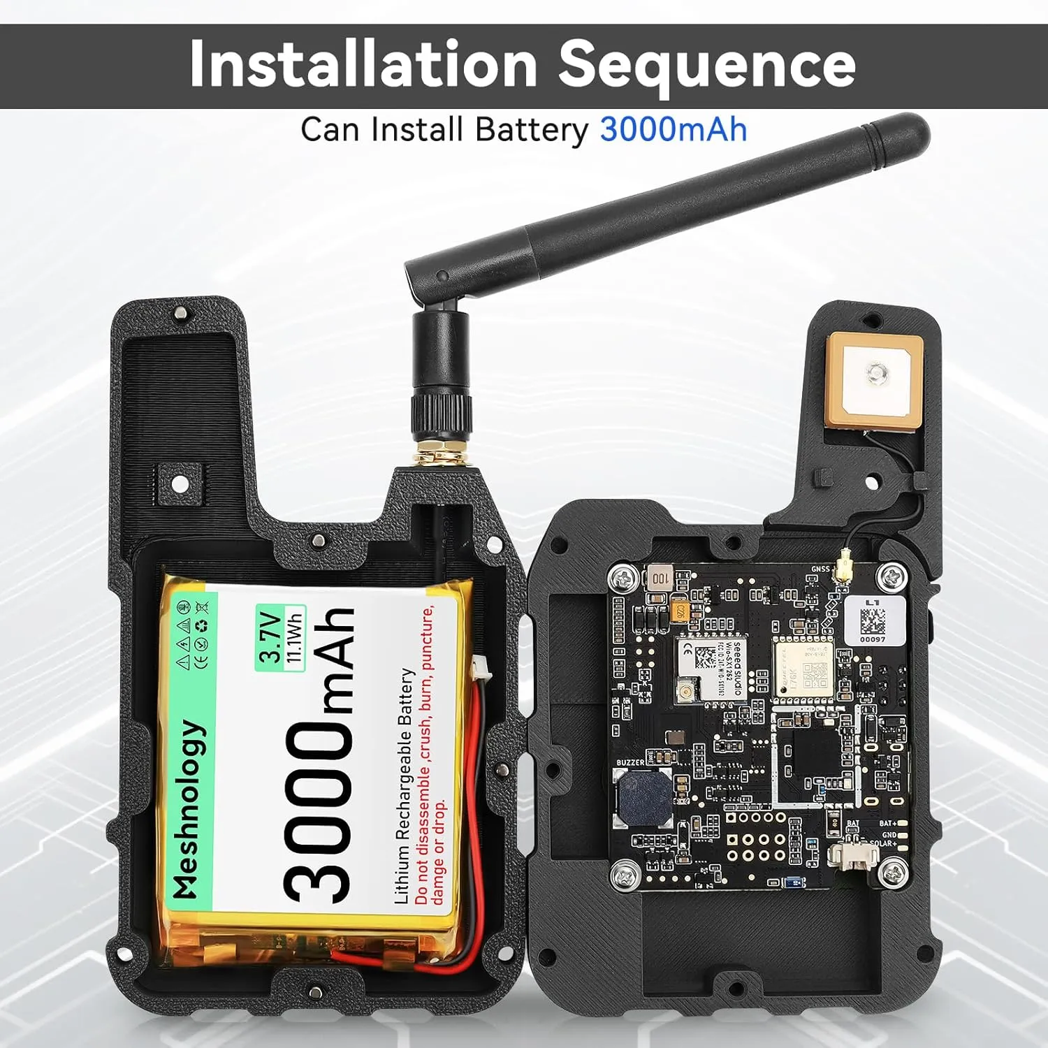 Wio Tracker L1 internals — the Seeed Wio-SX1262 board with an onboard buzzer and L76K GPS antenna, and a 3000 mAh lithium battery, fitted into the handheld case.