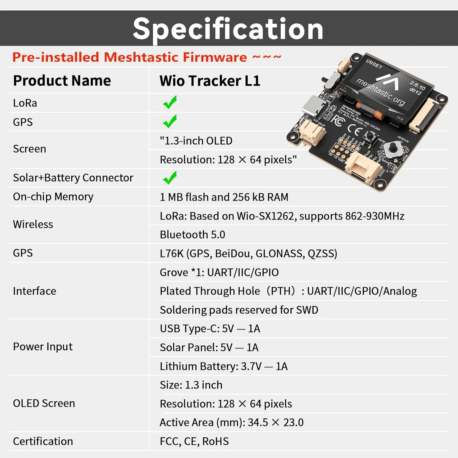 Wio Tracker L1 specification — nRF52840 with 1 MB flash and 256 kB RAM, Wio-SX1262 LoRa 862–930 MHz, Bluetooth 5.0, L76K multi-constellation GNSS, 1.3-inch 128×64 OLED, Grove and plated-through-hole interfaces plus reserved SWD pads, USB-C / solar / lithium power, FCC/CE/RoHS certified.
