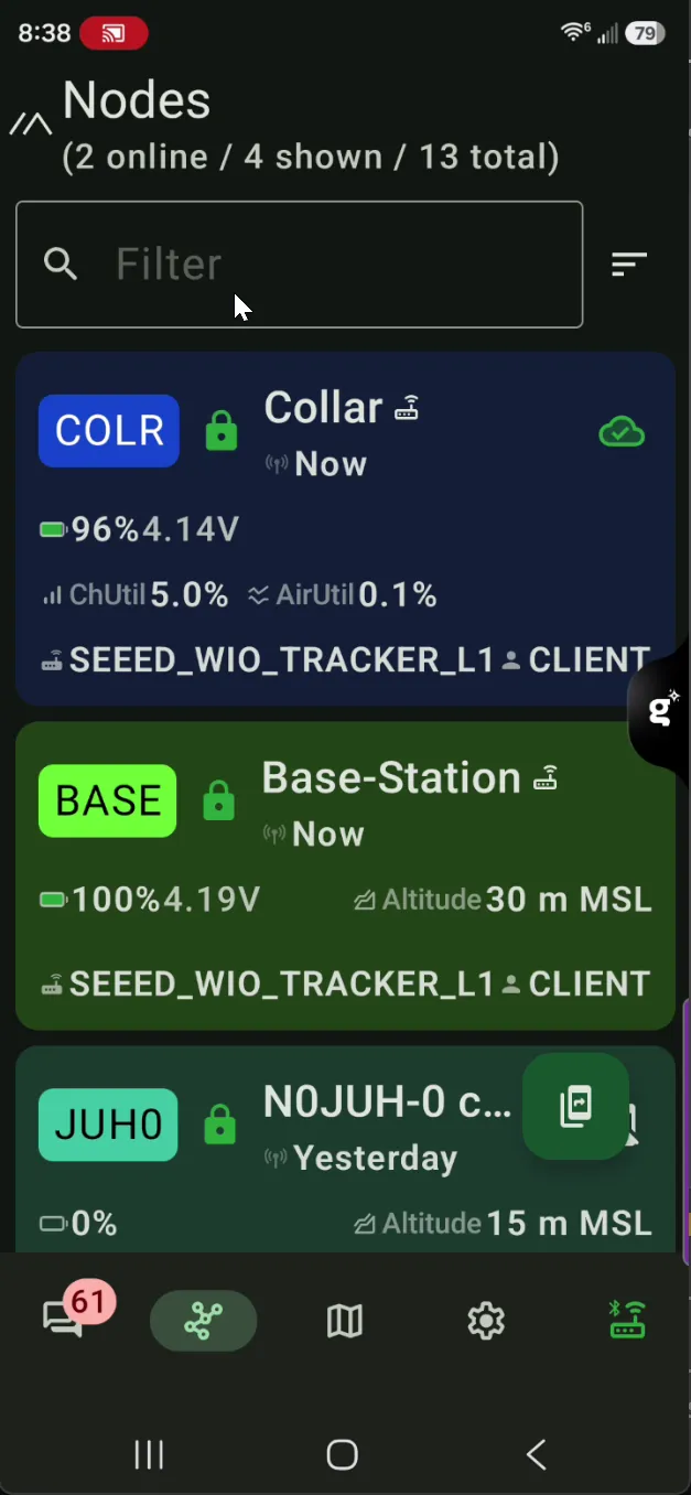 The Meshtastic Android app on a phone, Nodes screen, showing two cards heard "Now" — Collar (COLR, 96% / 4.14 V, SEEED_WIO_TRACKER_L1, CLIENT role) and Base-Station (BASE, 100% / 4.19 V, altitude 30 m MSL). The header reads "Nodes — 2 online / 4 shown / 13 total," and a third card peeks below for someone else's amateur-callsign node, N0JUH-0, heard yesterday. This was the only view of the mesh on walk 1: a small screen in a pocket, enough to confirm the link was alive and not much more.