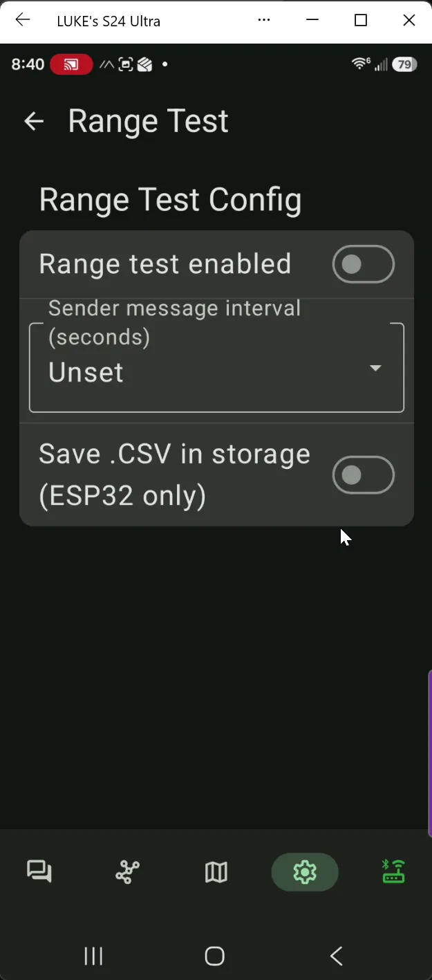 The Meshtastic Android app rendered inside Microsoft Phone Link on a Windows laptop — the window title bar reads "LUKE's S24 Ultra." On screen is the Range Test module config: a "Range test enabled" toggle (currently off), a "Sender message interval (seconds)" dropdown showing "Unset," and a "Save .CSV in storage (ESP32 only)" toggle greyed out — the on-device CSV save is gated to ESP32 boards, which the nRF52840-based Wio Tracker L1 isn't. The walk-2 takeaway sits in that one parenthetical: I'd have to log the test from somewhere else.