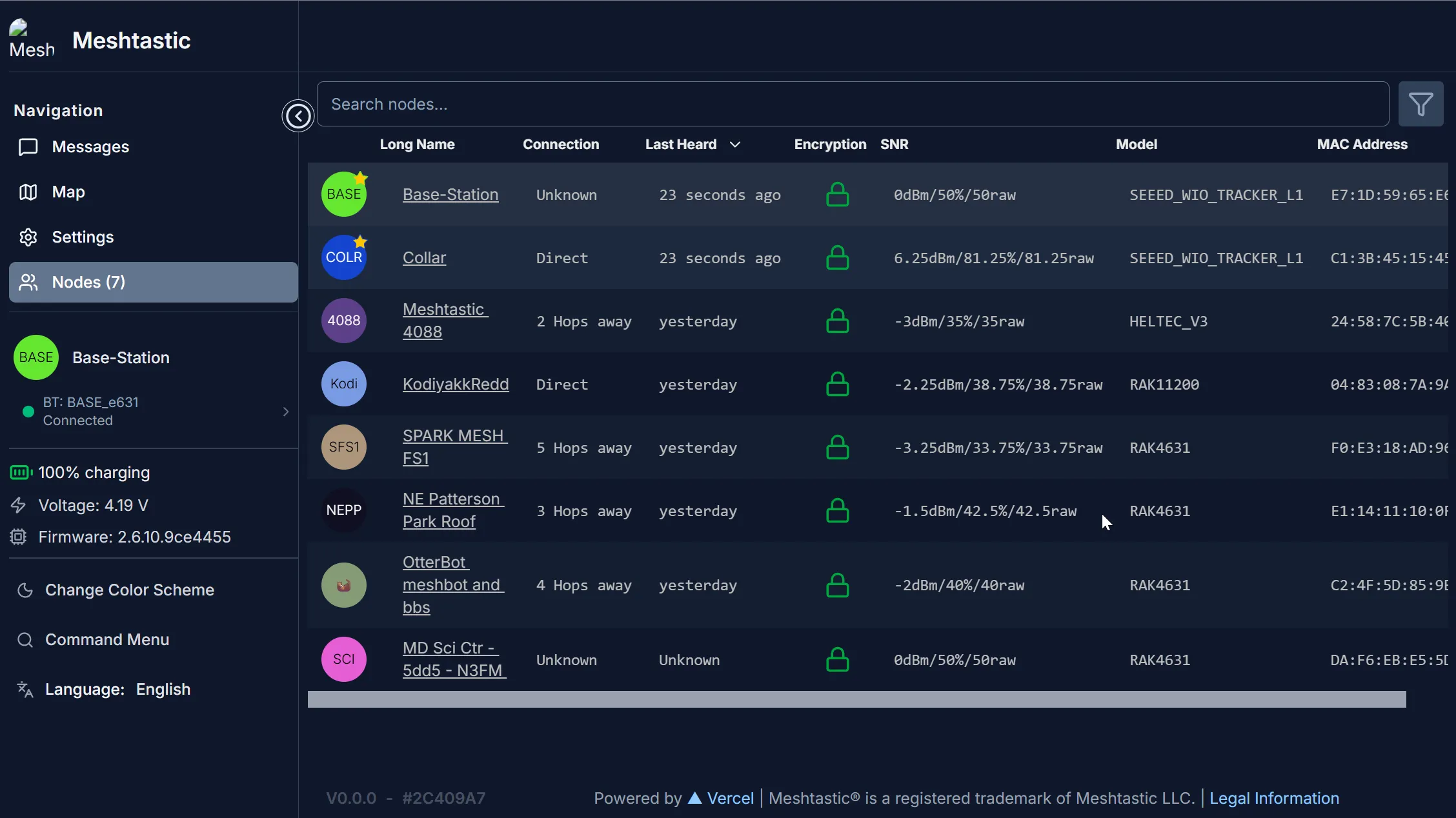 The Meshtastic Web Client showing the full mesh node list once paired over Bluetooth. The left sidebar identifies the currently-connected device as BASE, with battery 100% / 4.19 V and firmware 2.6.10. The main table lists seven nodes with last-heard, SNR, hop count, model, and MAC — my Base-Station and Collar both directly connected as SEEED_WIO_TRACKER_L1s, alongside several neighborhood-mesh nodes a few hops out, the same neighbor mesh the previous range-test post called out. The whole network, in a browser tab, no install required.