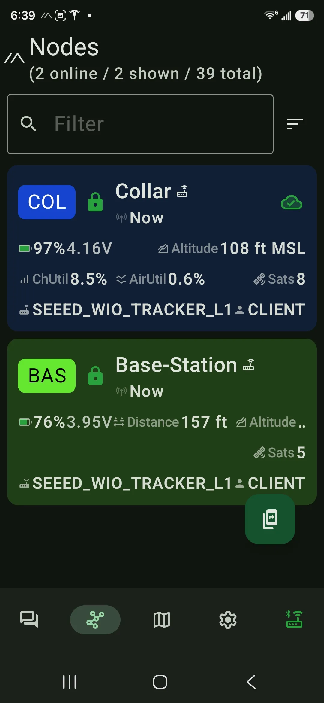 The Meshtastic app node list with both my nodes online — Collar at 97% battery and 8 GPS satellites, Base-Station at 76% and 157 ft away in this snapshot — under a header reading "2 online / 2 shown / 39 total." The 39 is the neighborhood mesh already on the air.