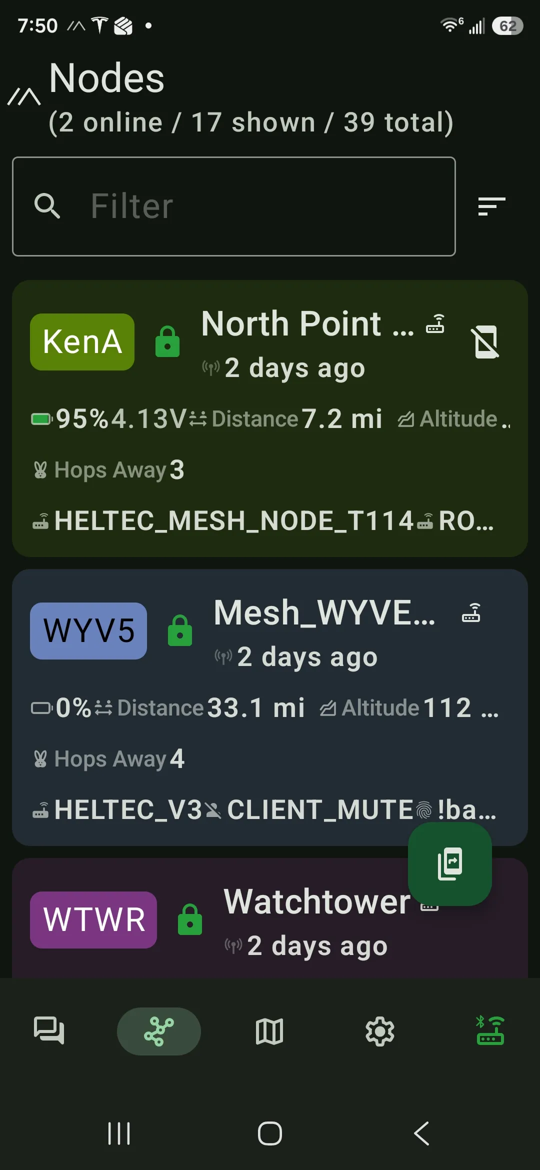The Meshtastic node list sorted by distance: a node "Mesh_WYVERN" 33 miles away reached over four relayed hops, above a "North Point" tower node 8.2 miles out — direct evidence the mesh I'm sitting on spans tens of miles, not a city block.