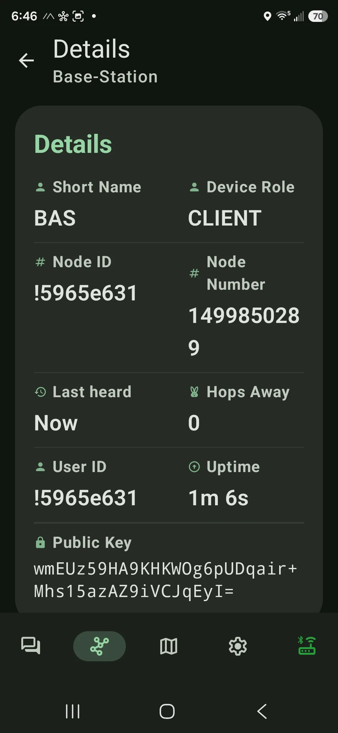 The Meshtastic app's node details for the Base-Station: Device Role CLIENT, Last heard Now, and Hops Away 0 — a confirmed direct, zero-relay link.