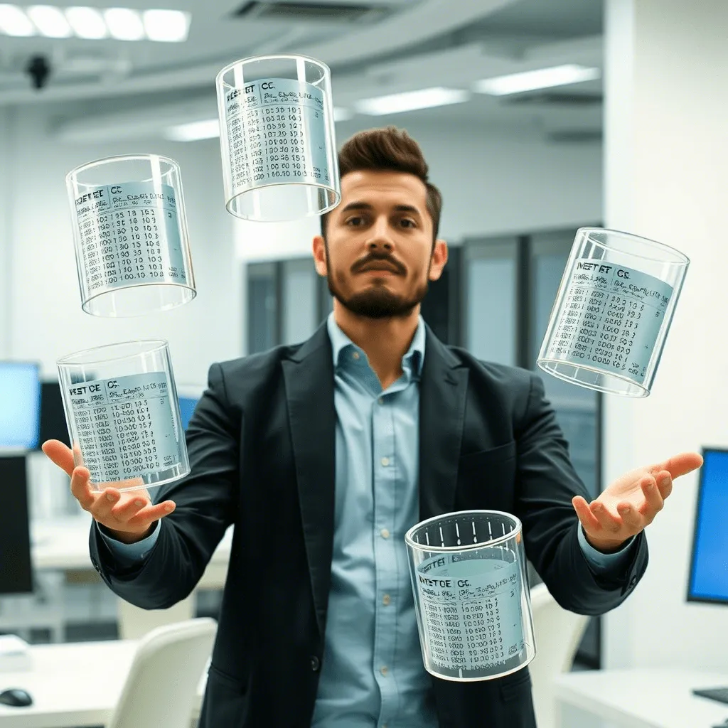 Illustration: Project Managers as "Data Jugglers" — keeping many data sources balanced, like Airbnb pricing or Amazon delivery routes