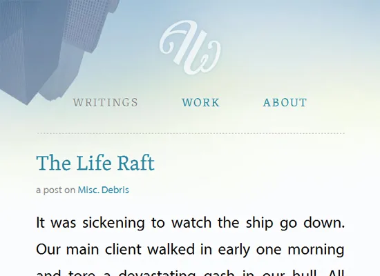 Art Equals Work website on a narrow viewport — sidebar removed, navigation pushed to top, text enlarged for vertical reading
