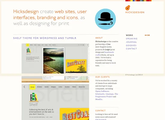 Hicksdesign three-column desktop layout — logo on the left, two content columns to the right