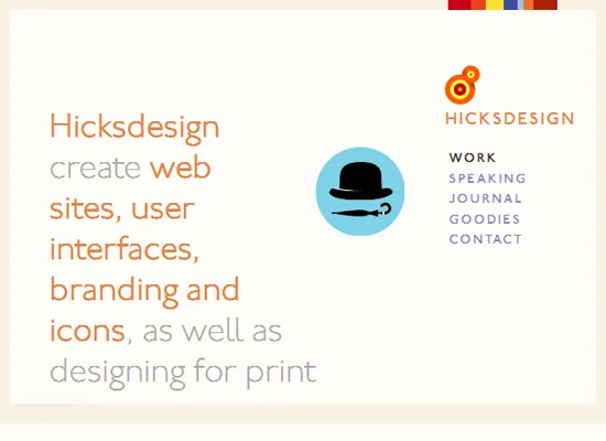 Hicksdesign at a narrower width — third column rearranged above the second, logo moves next to the intro text
