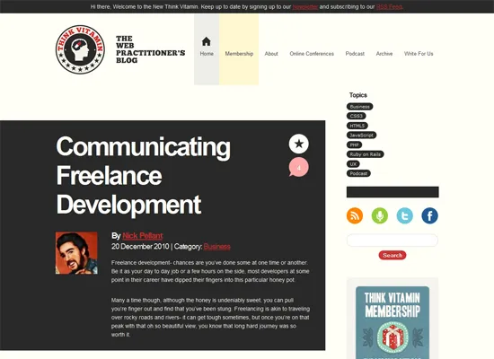 Think Vitamin website desktop view — sidebar and top bar present with generous white space