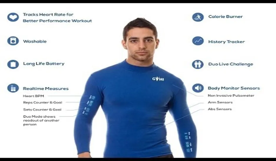 Gymi Australian smart fitness shirt — sensors throughout the bicep and forearm track heartbeat, reps, and head-to-head duo workouts